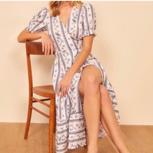 NWOT Reformation Veronika Wrap Dress Roquefort Print 100% Linen Sz 4 - Picture 5 of 8